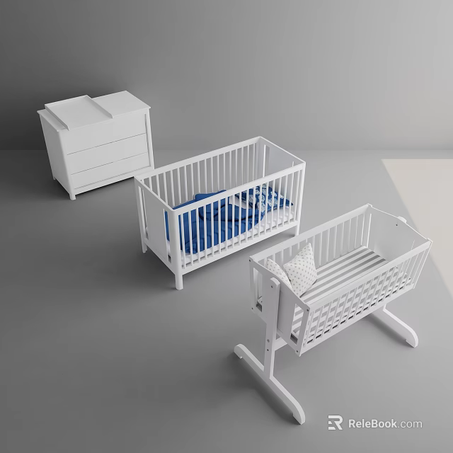 White Baby Crib And Rocking Cot With Blue Bedding Striped Pillow And Drawer Chest 3d model 