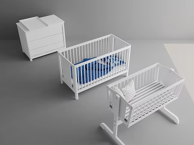 White Baby Crib And Rocking Cot With Blue Bedding Striped Pillow And Drawer Chest 3d model