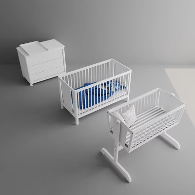 White Baby Crib And Rocking Cot With Blue Bedding Striped Pillow And Drawer Chest 3d model