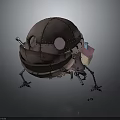 Mechanical Creature Character with Spherical Body Metal Legs Cottage Structure and Round Eyes