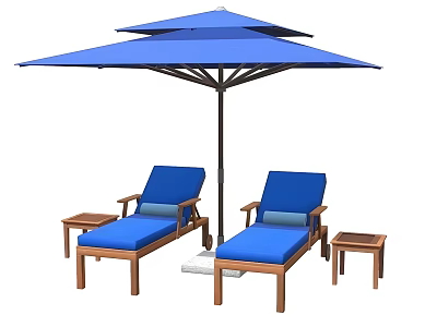 Outdoor Living Essentials Blue Patio Umbrella With Wooden Frame Lounge Chairs And Side Tables 3d model