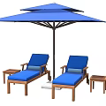 Outdoor Living Essentials Blue Patio Umbrella With Wooden Frame Lounge Chairs And Side Tables