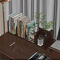 Wooden Bookshelf on Desk with Books Decorative Figurines Plant and Stationery
