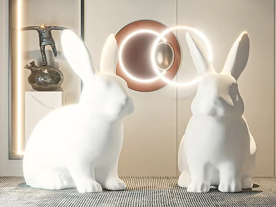 White Rabbit Sculptures With Circular Decor And Ambient Lighting In Modern Design 3d model