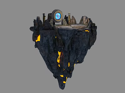 Cartoon Scene Of Floating Rock Island With Round Blue Device And Lava Glow 3d model