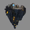 Cartoon Scene Of Floating Rock Island With Round Blue Device And Lava Glow