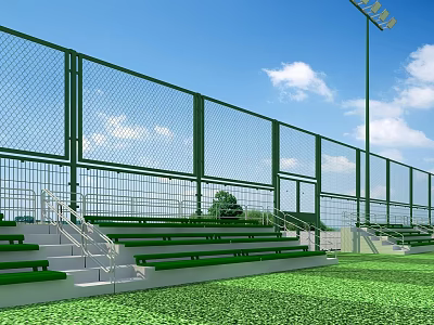 School Sports Stadium Structure With Green Seats Metal Fence And Grass Field 3d model