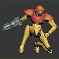 Detailed Game Movie Character With Orange Yellow Armor Holding Gun In Action Pose