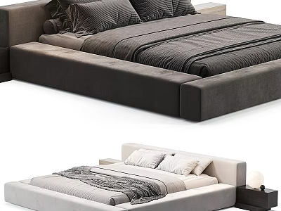Dark and Light Colored Double Bed with Headboard Cushions Bed Linens and Nightstand Lamp 3d model
