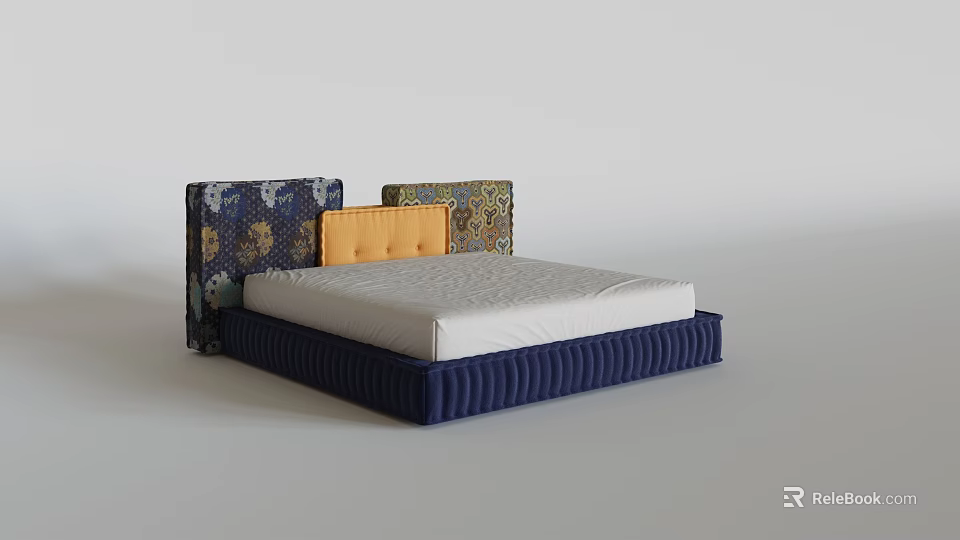 Double Bed With Navy Blue Frame Yellow Padded Headboard And Patterned Side Panels 3d model