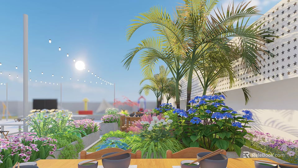 Sunlit Plaza Landscape Featuring Palm Trees Blue Flowers Green Plants And String Lights 3d model 