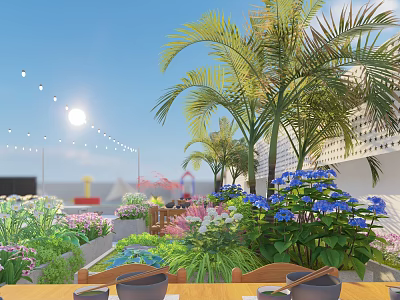 Sunlit Plaza Landscape Featuring Palm Trees Blue Flowers Green Plants And String Lights 3d model