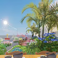 Sunlit Plaza Landscape Featuring Palm Trees Blue Flowers Green Plants And String Lights