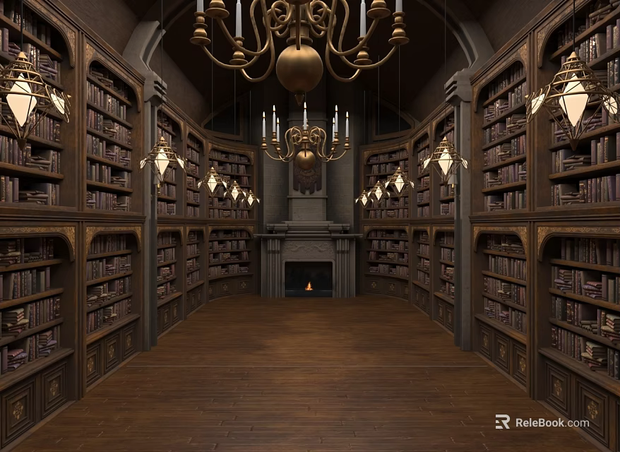 Classical Library Interior With Wooden Bookshelves Ornate Chandeliers And Stone Fireplace 3d model 