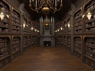 Classical Library Interior With Wooden Bookshelves Ornate Chandeliers And Stone Fireplace 3d model