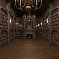 Classical Library Interior With Wooden Bookshelves Ornate Chandeliers And Stone Fireplace