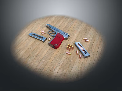 Red Grip Handgun with Magazines and Scattered Bullets on Wooden Floor 3d model