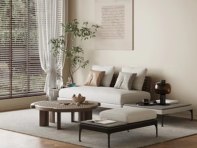 Modern Sofa and Coffee Table Set with Cushions Green Plant and Window Wall Art 3d model