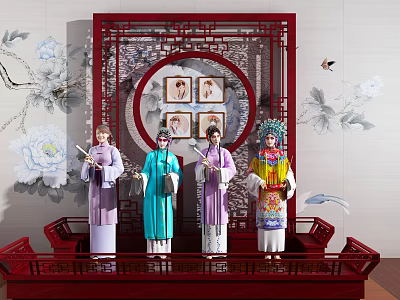 Group of Peking Opera Characters in Traditional Costumes with Red Frame and Decorative Paintings 3d model