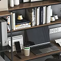 Modern Desk with Black Chair Laptop Coffee Cup Bookshelf Books Potted Plant and Printer