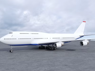 White Airliner with Blue Bottom Parked on Tarmac Against Cloudy Sky and Red Tail Tip 3d model