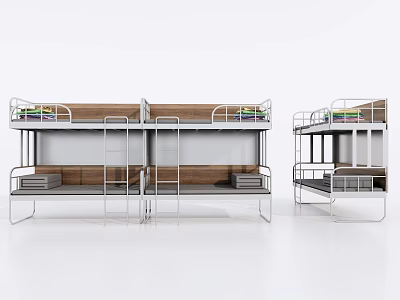 Three Modern Bunk Beds With Metal Frames Wooden Boards And Safety Rails 3d model