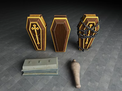 Various Decorative Coffins With Gold Cross Wooden Barbed Wire Small Gray Coffin And Mummy Figure 3d model