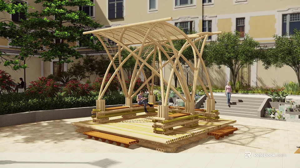 Modern Wooden Pergola With Crossed Frame Structure And Bench Seats In Outdoor Garden 3d model 