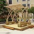 Modern Wooden Pergola With Crossed Frame Structure And Bench Seats In Outdoor Garden