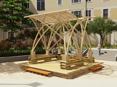 Modern Wooden Pergola With Crossed Frame Structure And Bench Seats In Outdoor Garden 3d model