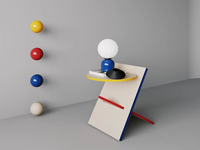 Tilted Two Tiered Side Table with Colorful Spheres and Red Pen on Gray Background 3d model