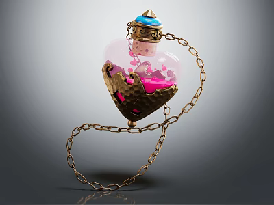 Heart Shaped Portable Medical Container with Pink Granules Blue Cap and Gold Chain 3d model