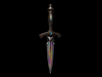 Ornate Dagger With Iridescent Blade Gemstone Accent And Intricate Hilt Design 3d model