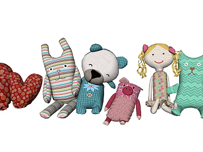 Plush Stuffed Toys With Animal Shapes Girl Doll And Colorful Patterns 3d model