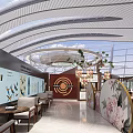 Modern Airport Interior Design With Dining Area Tables Chairs Large Windows And Decorative Column