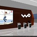 Contemporary Exhibition Hall Interior With Orange Walls White Floor Sofa And Digital Screens