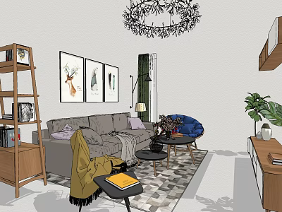 Cozy Living With Gray Sofa Coffee Table Set Throw Pillows Wall Art And Green Plant 3d model
