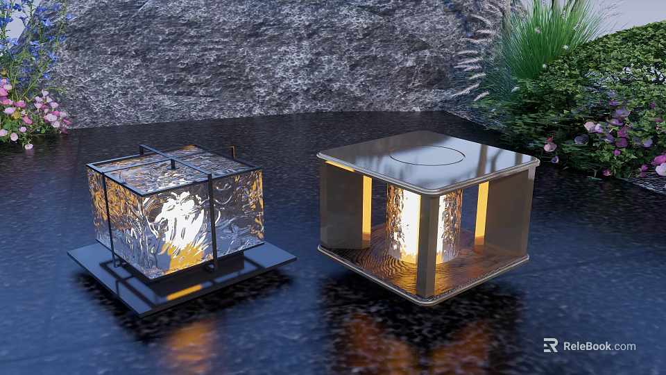Square Outdoor Lights With Patterned Glass And Metal Glowing For Garden Patio 3d model 