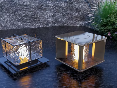Square Outdoor Lights With Patterned Glass And Metal Glowing For Garden Patio 3d model