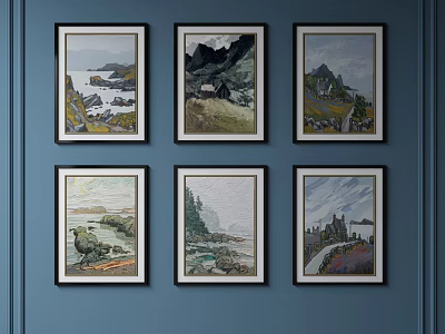 Six Landscape Oil Paintings Hanging On Blue Wall With Black Frames 3d model