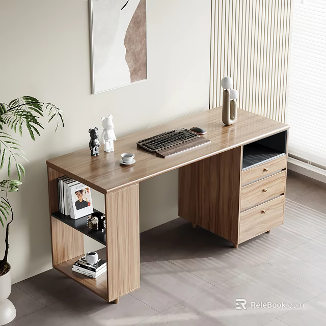 Modern Wooden Office Desk with Keyboard White Cup Small Decor Shelf Magazines and Potted Plant 3d model 