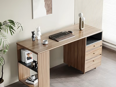 Modern Wooden Office Desk with Keyboard White Cup Small Decor Shelf Magazines and Potted Plant 3d model