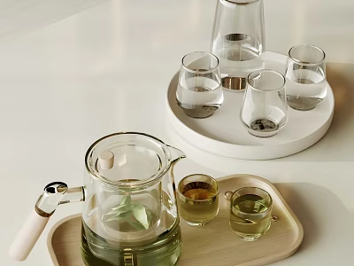 Modern Glass Tea Set With Teapot Teacups And Wooden White Trays 3d model