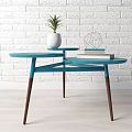 Blue Modern Round Coffee Table With Multi Tiered Tabletop Wooden Legs White Planter Plant Books