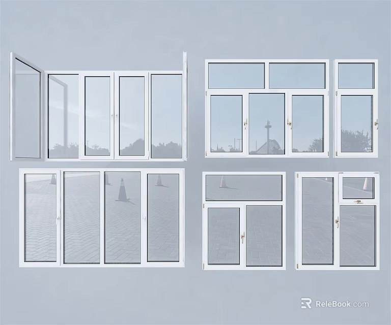 Different Styles of Modern Window Designs with White Frames and Glass Panels 3d model 