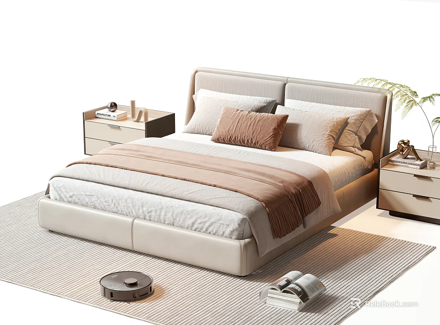 Double Bed With Beige Frame Soft Pillows Blanket Bedside Tables Decor Rug And Potted Plant 3d model 