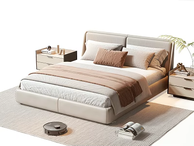 Double Bed With Beige Frame Soft Pillows Blanket Bedside Tables Decor Rug And Potted Plant 3d model