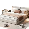 Double Bed With Beige Frame Soft Pillows Blanket Bedside Tables Decor Rug And Potted Plant