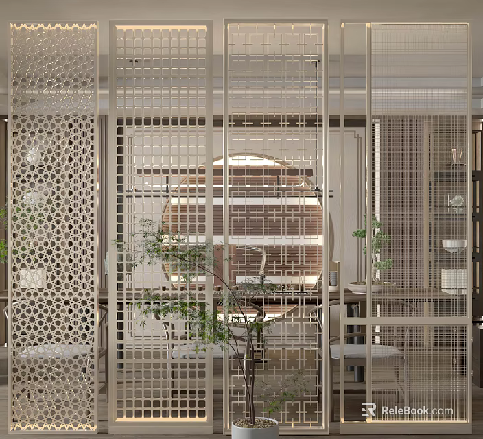 Modern Perforated Partition For Contemporary Interior Space With Plants And Lighting Details 3d model 