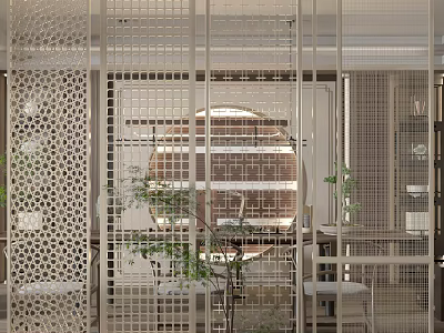 Modern Perforated Partition For Contemporary Interior Space With Plants And Lighting Details 3d model